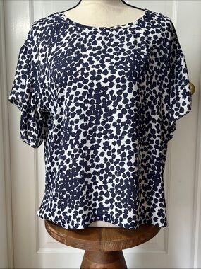 LOFT White w/Navy Design, Flutter Sleeve Blouse, Flowy, Rounded Neckline, Size M
